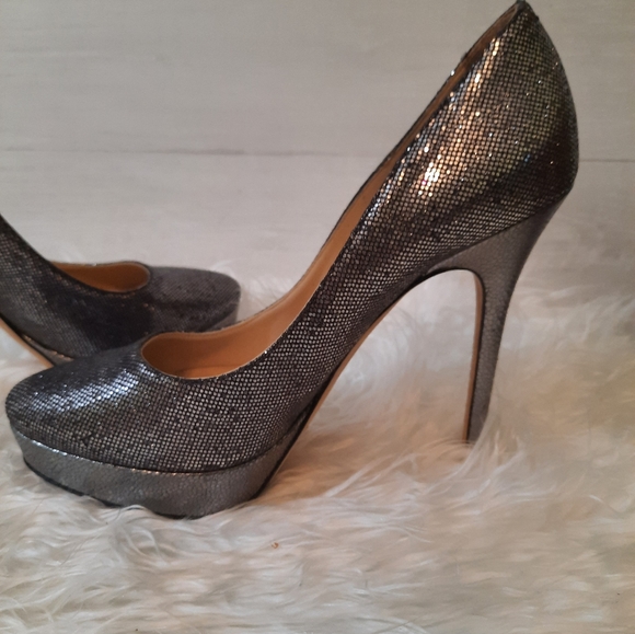 Jimmy Choo Silver black shimmer Platform heels sz 38.5 8.5 Italy - Picture 8 of 11